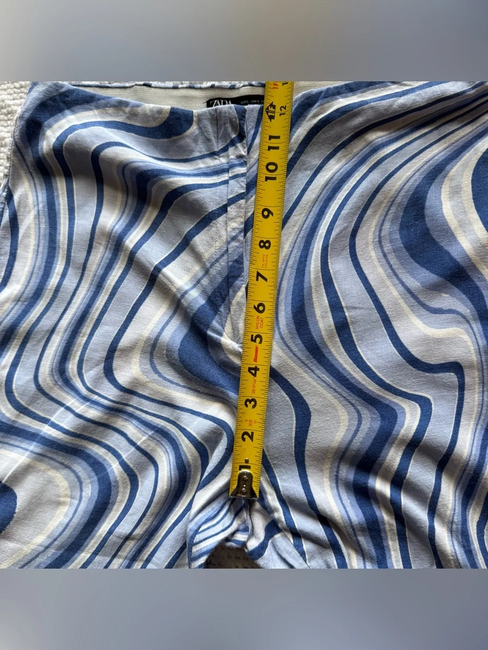 Zara Blue White Swirl Linen Blend Split Hem Flare Pants Retro 70s Psychedelic L
